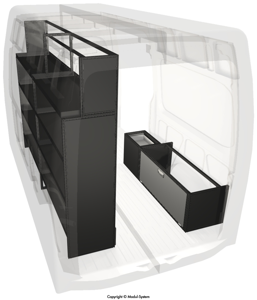 Modul-System 3D-tekening: hoge stellingkast en opbergkist Modul-System 3D-tekening: hoge stellingkast en opbergkist