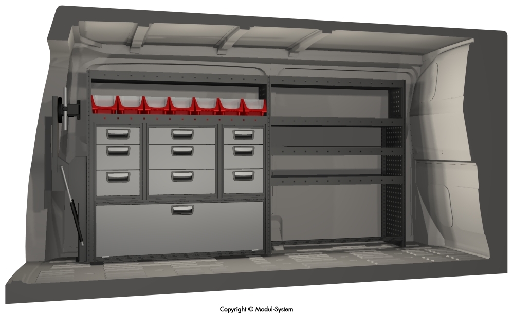 Modul-System tekening: ladekast en schappen in perspectief Modul-System tekening: ladekast en schappen in perspectief