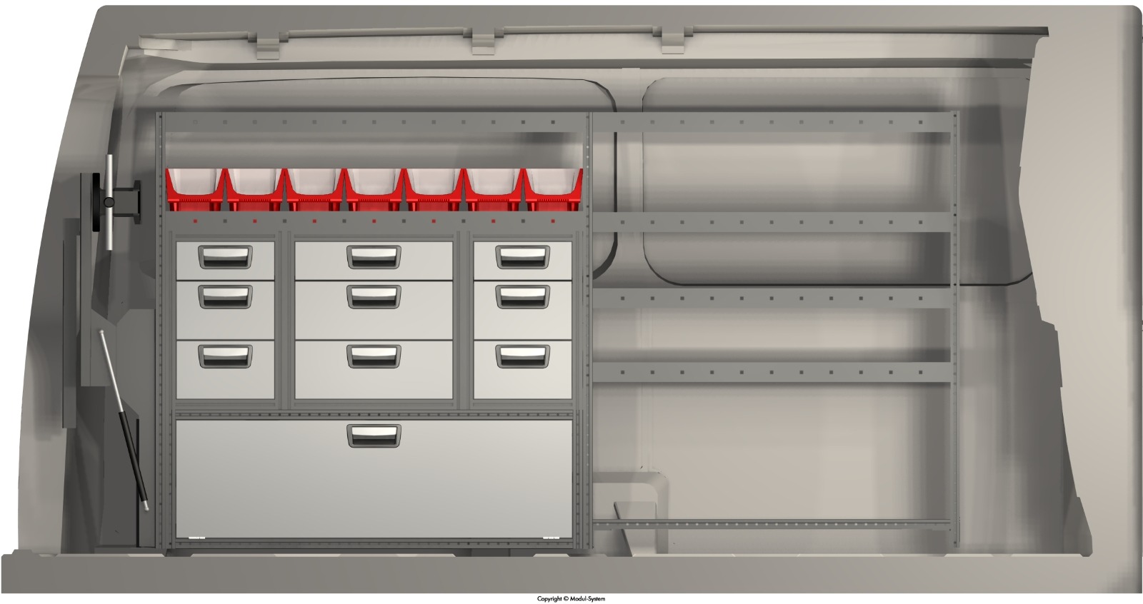 Modul-System tekening: ladekast en schappen, zijaanzicht Modul-System tekening: ladekast en schappen, zijaanzicht