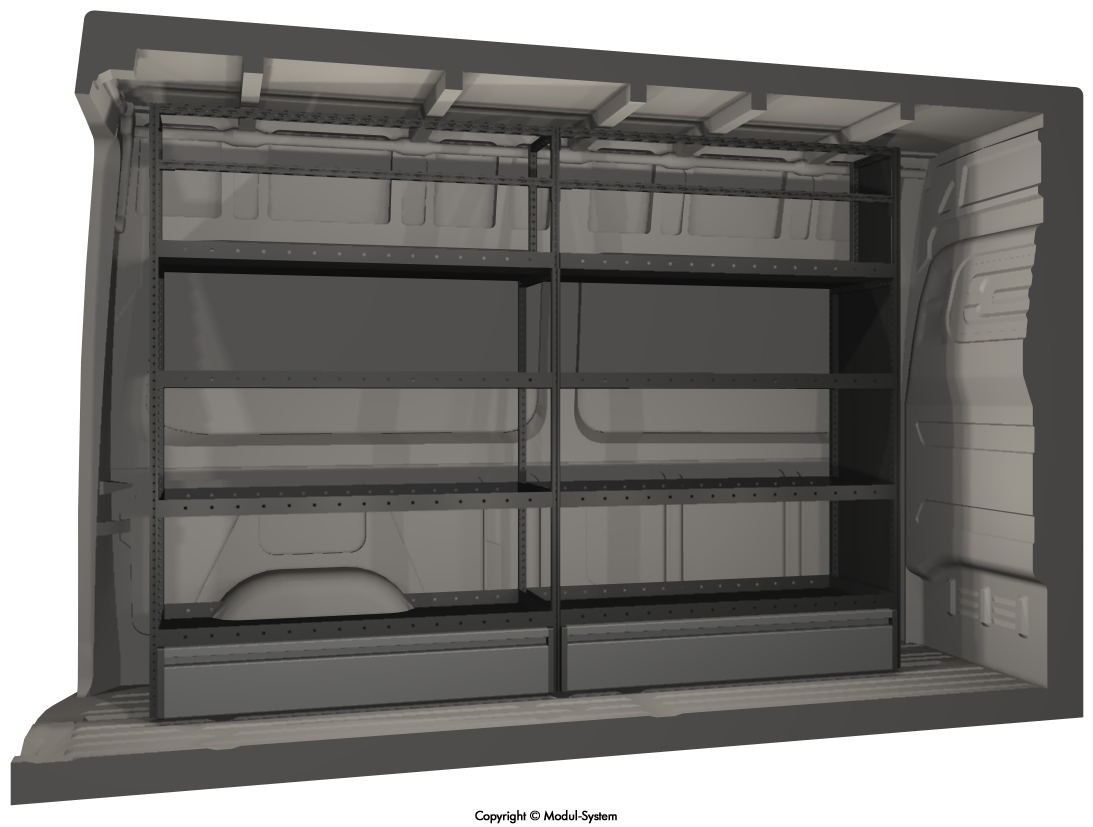 Modul-System tekening: stellingkast met schappen en lades Modul-System tekening: stellingkast met schappen en lades
